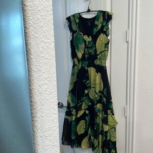 White House Black Market Yellow and Green Wrap Midi Sundress